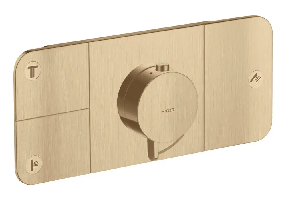 Thermostatmodul von AXOR in brushed bronze, besteht aus einer flachen Wandplatte mit einem runden Drehregler und symbolischen Anzeigen für Wasser und Dusche.